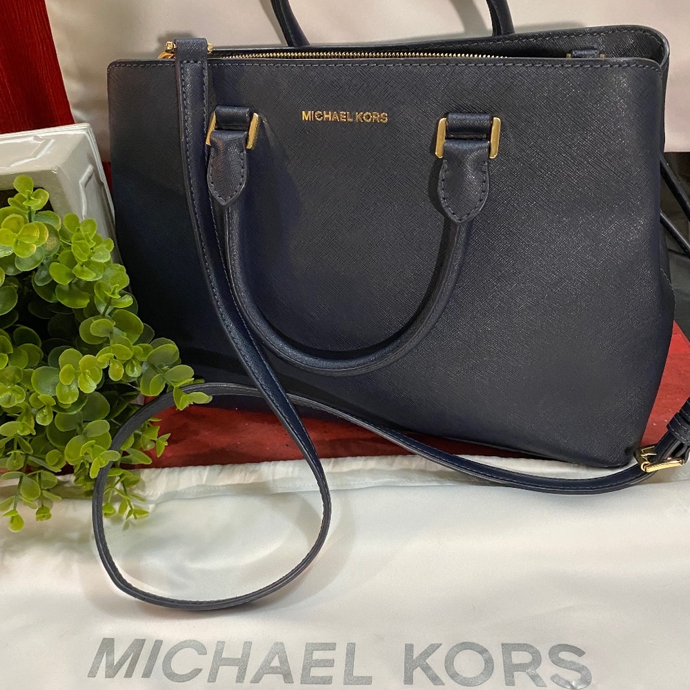 💝NWT MICHAEL Michael Kors - Savannah Admiral Navy Blue LG Satchel Leather